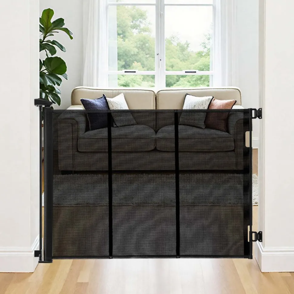 VEVOR Retractable Baby Gate, Extends to 163.3 inch Extra Wide, 39 inch Tall, with Reinforced Fiberglass Strips, Avoids Crawling Through, Mesh Dog Gate for Decks, Doorways, Garages, Indoor, Black