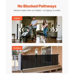 VEVOR Retractable Baby Gate, Extends to 163.3 inch Extra Wide, 39 inch Tall, with Reinforced Fiberglass Strips, Avoids Crawling Through, Mesh Dog Gate for Decks, Doorways, Garages, Indoor, Black