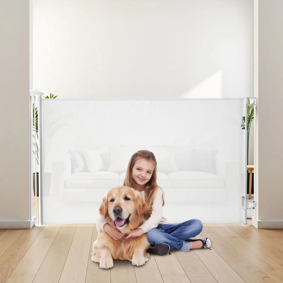 VEVOR Retractable Baby Gate, Extends to 57 inch Wide, 38.5 inch Tall, with Security Lock, Easy to Use, Walk Through Without Tripping, Mesh Dog Gate for Stairs, Hallways, Indoor/Outdoor, White