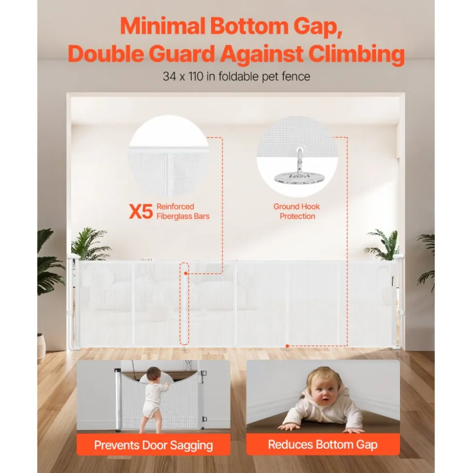 VEVOR Retractable Baby Gate, 34 inch Tall, Extends up to 110 inch Wide, Retractable Gate for Kids or Pets, Mesh Material, Easy to Install for Indoor Stairs, Doorways, Hallways, Playrooms, White