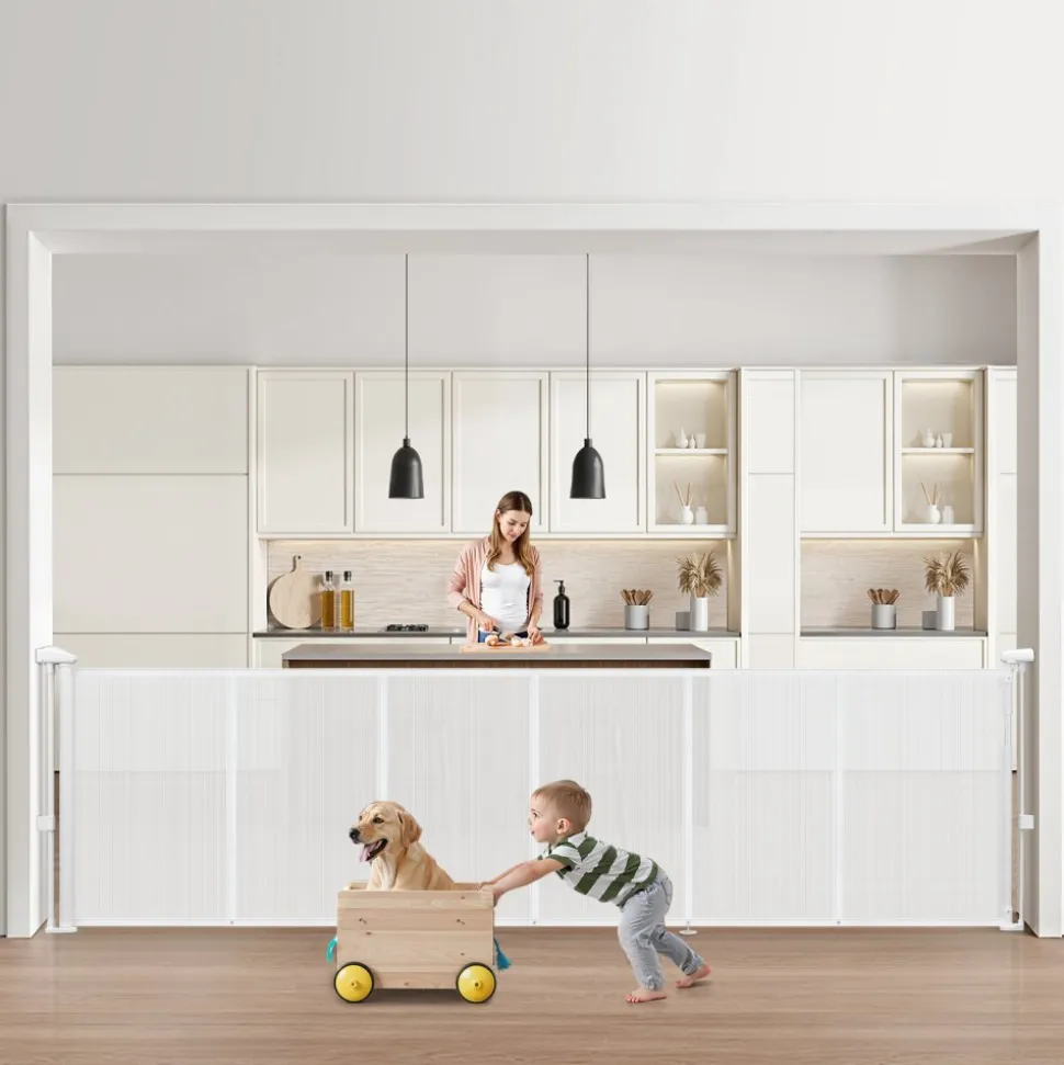 VEVOR Retractable Baby Gate, 34 inch Tall, Extends up to 110 inch Wide, Retractable Gate for Kids or Pets, Mesh Material, Easy to Install for Indoor Stairs, Doorways, Hallways, Playrooms, White