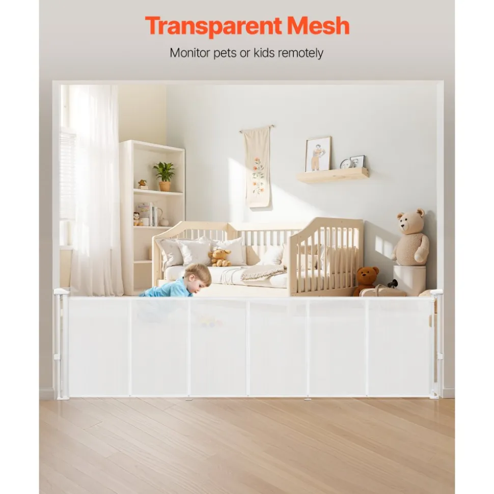 VEVOR Retractable Baby Gate, 34 inch Tall, Extends up to 110 inch Wide, Retractable Gate for Kids or Pets, Mesh Material, Easy to Install for Indoor Stairs, Doorways, Hallways, Playrooms, White