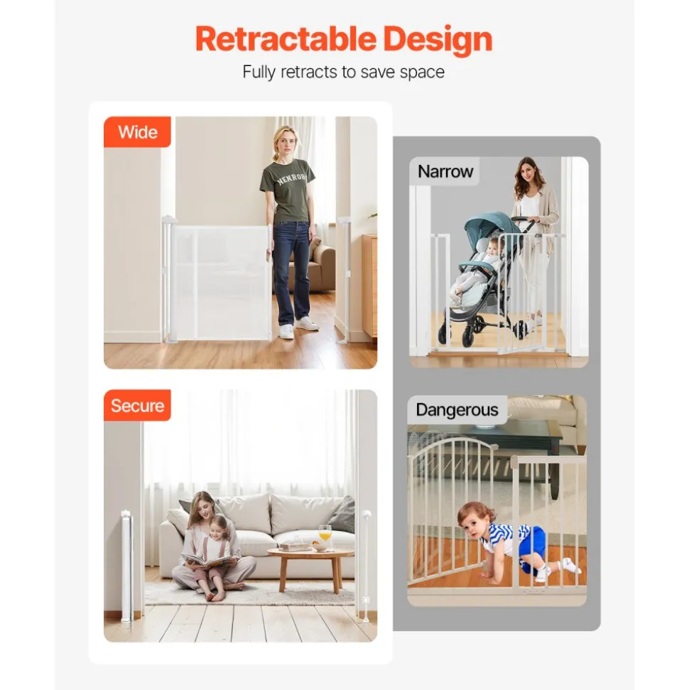 VEVOR Retractable Baby Gate, 34 inch Tall, Extends up to 110 inch Wide, Retractable Gate for Kids or Pets, Mesh Material, Easy to Install for Indoor Stairs, Doorways, Hallways, Playrooms, White