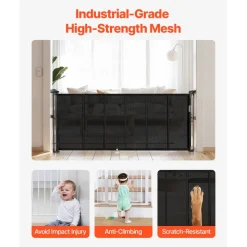 VEVOR Retractable Baby Gate, 34 inch Tall, Extends up to 71 inch Wide, Retractable Gate for Kids or Pets, Mesh Material, Easy to Install for Indoor Stairs, Doorways, Hallways, Playrooms, Black