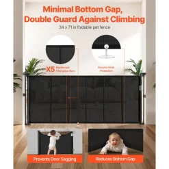 VEVOR Retractable Baby Gate, 34 inch Tall, Extends up to 71 inch Wide, Retractable Gate for Kids or Pets, Mesh Material, Easy to Install for Indoor Stairs, Doorways, Hallways, Playrooms, Black