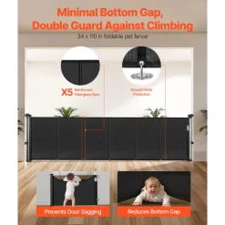 VEVOR Retractable Baby Gate, 34 inch Tall, Extends up to 110 inch Wide, Retractable Gate for Kids or Pets, Mesh Material, Easy to Install for Indoor Stairs, Doorways, Hallways, Playrooms, Black