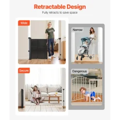 VEVOR Retractable Baby Gate, 34 inch Tall, Extends up to 110 inch Wide, Retractable Gate for Kids or Pets, Mesh Material, Easy to Install for Indoor Stairs, Doorways, Hallways, Playrooms, Black