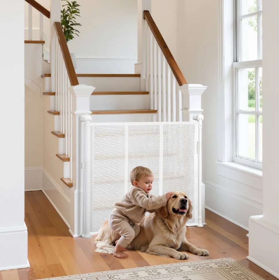 VEVOR Retractable Baby Gate, 34 inch Tall, Extends up to 71 inch Wide, Retractable Gate for Kids or Pets, Mesh Material, Easy to Install for Indoor Stairs, Doorways, Hallways, Playrooms, White