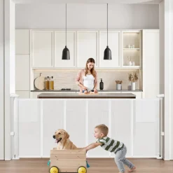 VEVOR Retractable Baby Gate, 34 inch Tall, Extends up to 71 inch Wide, Retractable Gate for Kids or Pets, Mesh Material, Easy to Install for Indoor Stairs, Doorways, Hallways, Playrooms, White