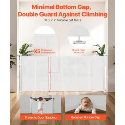VEVOR Retractable Baby Gate, 34 inch Tall, Extends up to 71 inch Wide, Retractable Gate for Kids or Pets, Mesh Material, Easy to Install for Indoor Stairs, Doorways, Hallways, Playrooms, White