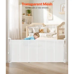 VEVOR Retractable Baby Gate, 34 inch Tall, Extends up to 71 inch Wide, Retractable Gate for Kids or Pets, Mesh Material, Easy to Install for Indoor Stairs, Doorways, Hallways, Playrooms, White