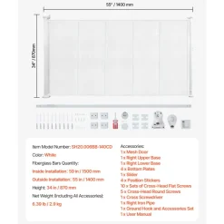 VEVOR Retractable Baby Gate, 34 inch Tall, Extends up to 55 inch Wide, Retractable Gate for Kids or Pets, Mesh Material, Easy to Install for Indoor Stairs, Doorways, Hallways, Playrooms, White
