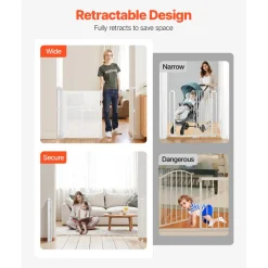 VEVOR Retractable Baby Gate, 34 inch Tall, Extends up to 55 inch Wide, Retractable Gate for Kids or Pets, Mesh Material, Easy to Install for Indoor Stairs, Doorways, Hallways, Playrooms, White
