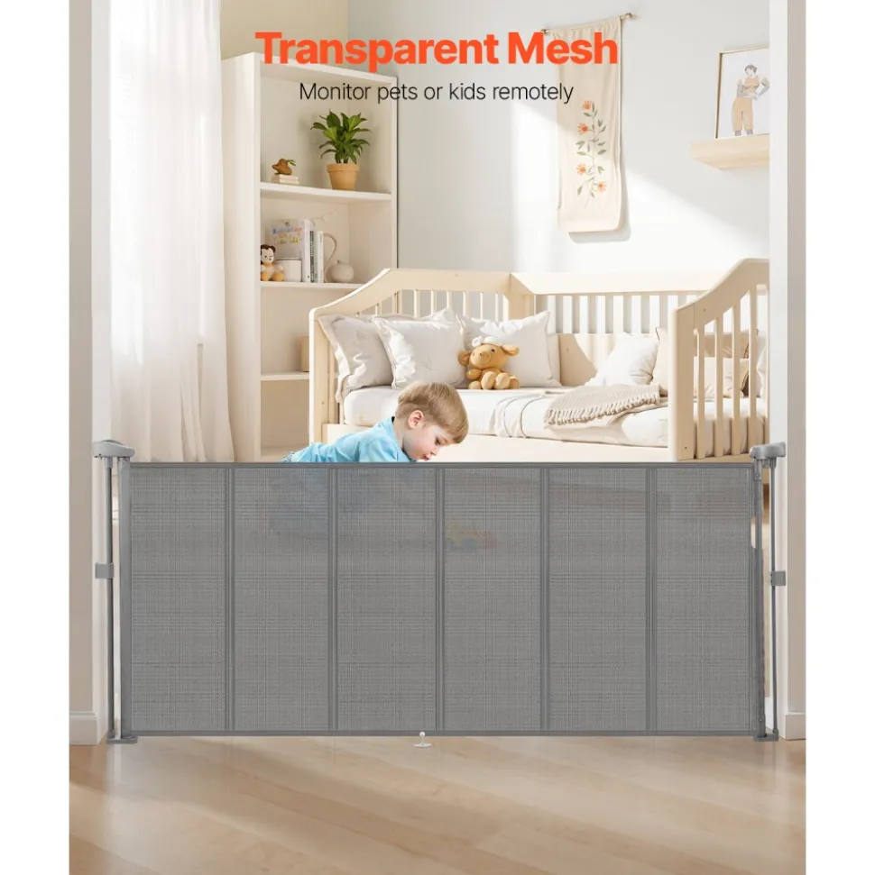 VEVOR Retractable Baby Gate, 34 inch Tall, Extends up to 71 inch Wide, Retractable Gate for Kids or Pets, Mesh Material, Easy to Install for Indoor Stairs, Doorways, Hallways, Playrooms, Gray
