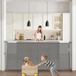 VEVOR Retractable Baby Gate, 34 inch Tall, Extends up to 71 inch Wide, Retractable Gate for Kids or Pets, Mesh Material, Easy to Install for Indoor Stairs, Doorways, Hallways, Playrooms, Gray