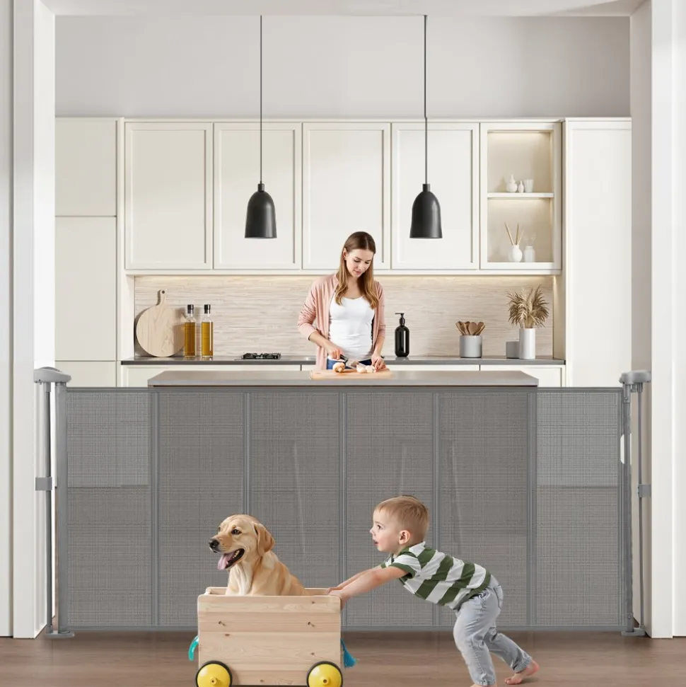 VEVOR Retractable Baby Gate, 34 inch Tall, Extends up to 71 inch Wide, Retractable Gate for Kids or Pets, Mesh Material, Easy to Install for Indoor Stairs, Doorways, Hallways, Playrooms, Gray