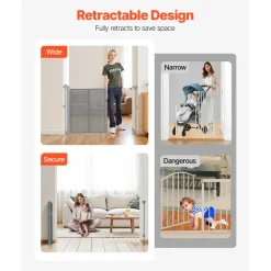 VEVOR Retractable Baby Gate, 34 inch Tall, Extends up to 71 inch Wide, Retractable Gate for Kids or Pets, Mesh Material, Easy to Install for Indoor Stairs, Doorways, Hallways, Playrooms, Gray