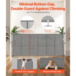 VEVOR Retractable Baby Gate, 34 inch Tall, Extends up to 71 inch Wide, Retractable Gate for Kids or Pets, Mesh Material, Easy to Install for Indoor Stairs, Doorways, Hallways, Playrooms, Gray