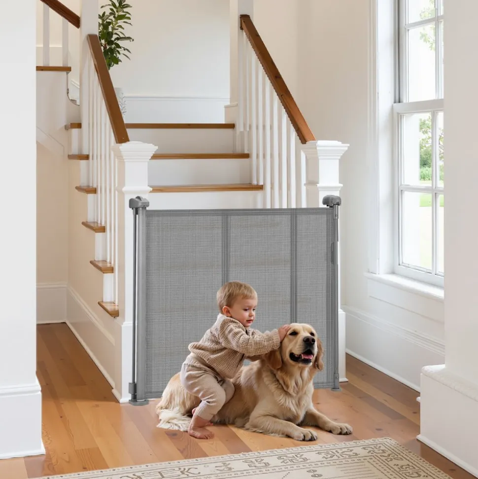 VEVOR Retractable Baby Gate, 34 inch Tall, Extends up to 71 inch Wide, Retractable Gate for Kids or Pets, Mesh Material, Easy to Install for Indoor Stairs, Doorways, Hallways, Playrooms, Gray