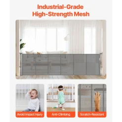 VEVOR Retractable Baby Gate, 34 inch Tall, Extends up to 110 inch Wide, Retractable Gate for Kids or Pets, Mesh Material, Easy to Install for Indoor Stairs, Doorways, Hallways, Playrooms, Gray