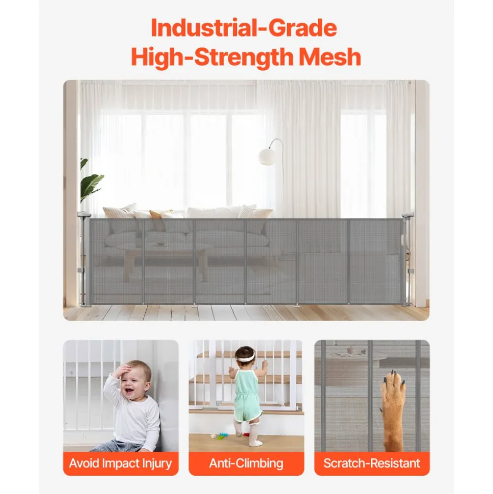 VEVOR Retractable Baby Gate, 34 inch Tall, Extends up to 110 inch Wide, Retractable Gate for Kids or Pets, Mesh Material, Easy to Install for Indoor Stairs, Doorways, Hallways, Playrooms, Gray