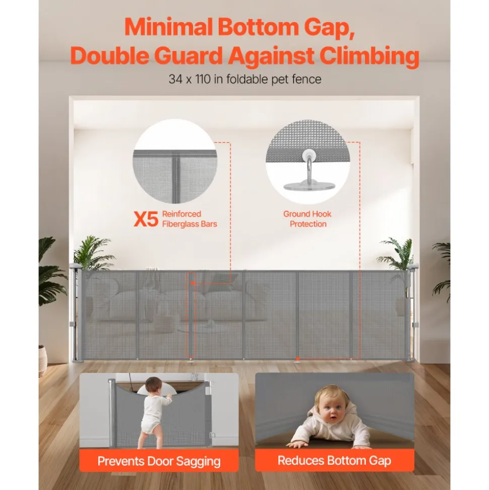 VEVOR Retractable Baby Gate, 34 inch Tall, Extends up to 110 inch Wide, Retractable Gate for Kids or Pets, Mesh Material, Easy to Install for Indoor Stairs, Doorways, Hallways, Playrooms, Gray