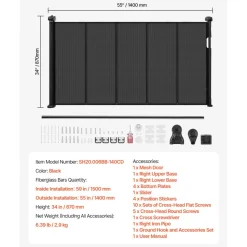 VEVOR Retractable Baby Gate, 34 inch Tall, Extends up to 55 inch Wide, Retractable Gate for Kids or Pets, Mesh Material, Easy to Install for Indoor Stairs, Doorways, Hallways, Playrooms, Black