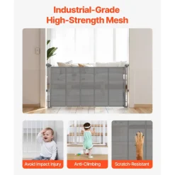 VEVOR Retractable Baby Gate, 34 inch Tall, Extends up to 55 inch Wide, Retractable Gate for Kids or Pets, Mesh Material, Easy to Install for Indoor Stairs, Doorways, Hallways, Playrooms, Gray