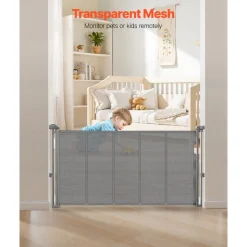 VEVOR Retractable Baby Gate, 34 inch Tall, Extends up to 55 inch Wide, Retractable Gate for Kids or Pets, Mesh Material, Easy to Install for Indoor Stairs, Doorways, Hallways, Playrooms, Gray