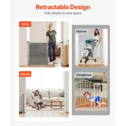 VEVOR Retractable Baby Gate, 34 inch Tall, Extends up to 55 inch Wide, Retractable Gate for Kids or Pets, Mesh Material, Easy to Install for Indoor Stairs, Doorways, Hallways, Playrooms, Gray