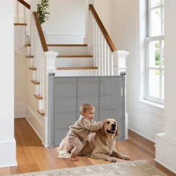 VEVOR Retractable Baby Gate, 34 inch Tall, Extends up to 55 inch Wide, Retractable Gate for Kids or Pets, Mesh Material, Easy to Install for Indoor Stairs, Doorways, Hallways, Playrooms, Gray