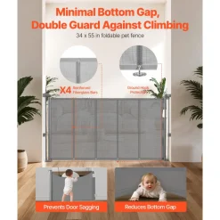 VEVOR Retractable Baby Gate, 34 inch Tall, Extends up to 55 inch Wide, Retractable Gate for Kids or Pets, Mesh Material, Easy to Install for Indoor Stairs, Doorways, Hallways, Playrooms, Gray