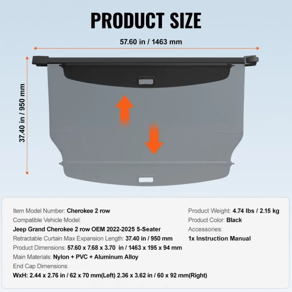 VEVOR Retractable Cargo Cover, Upgraded Waterproof Trunk Cover Security Shield Shade for Jeep Grand Cherokee 2 Row 2022-2025 5-Seater, UV Proof Rear Trunk Cover Aluminum Alloy & PVC Leather Texture