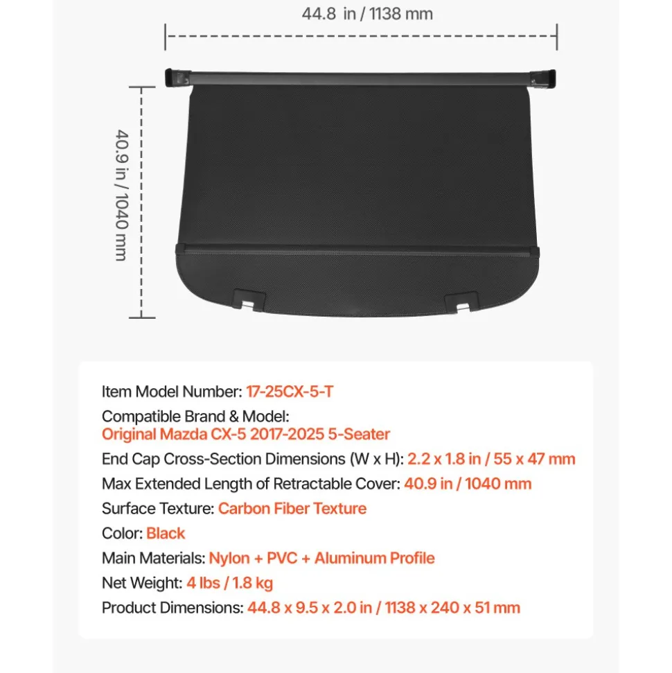 VEVOR Retractable Cargo Cover, Upgraded Carbon Fiber Texture Trunk Cover, Anti-Peeping Luggage Privacy Shield, Easy Installation Security Shade Car Accessories, for Mazda CX-5 2017-2025 5-Seater