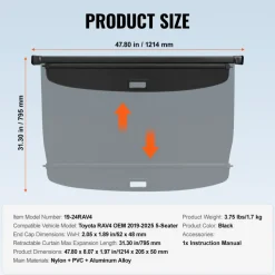 VEVOR Retractable Cargo Cover for Toyota, Upgraded Waterproof Trunk Cover Security Shield Shade for Toyota RAV4 2019-2025 5-Seater, UV Resistant Rear Trunk Cover, Aluminum Alloy & PVC Leather Texture