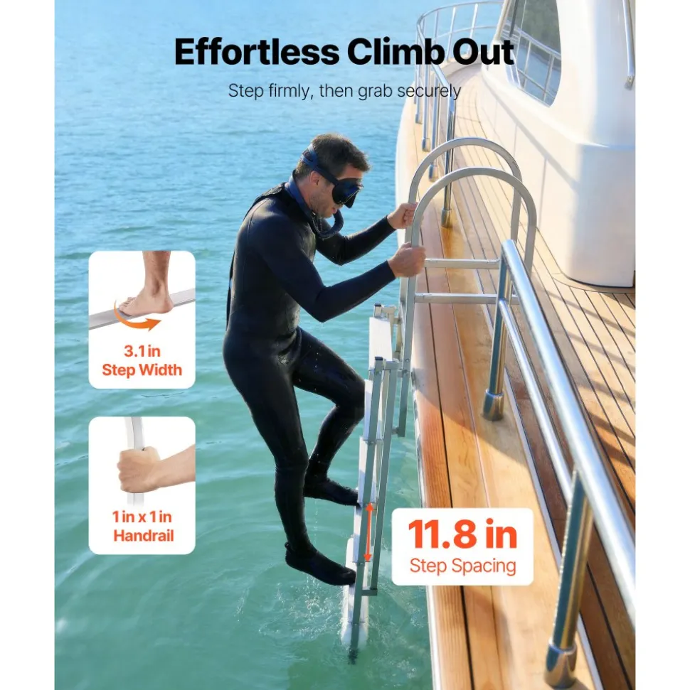 VEVOR Retractable Dock Ladder, 5 Steps, Aluminum Alloy Pontoon Boat Swim Ladder with Auto-Lift Float, Non-Slip Wide Steps, 500 lbs Weight Capacity, Adjustable Height, for Lake Pool Marine Boarding
