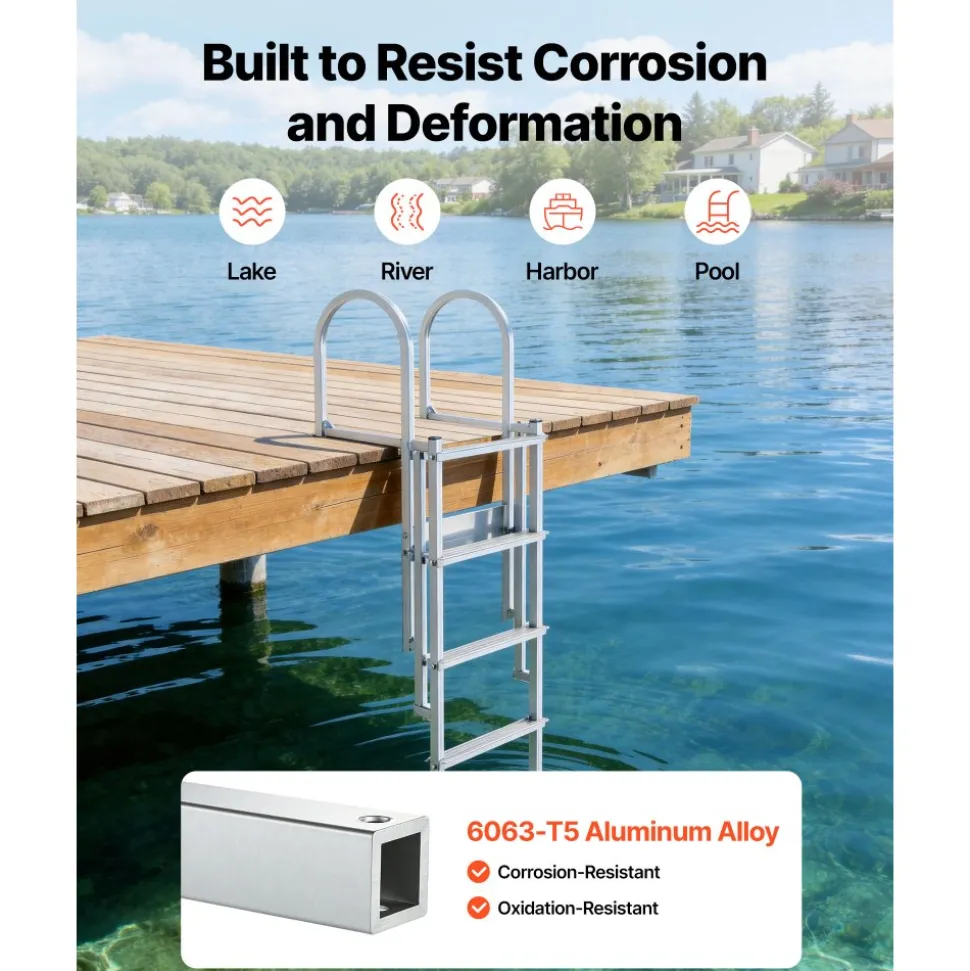 VEVOR Retractable Dock Ladder, 5 Steps, Aluminum Alloy Pontoon Boat Swim Ladder with Auto-Lift Float, Non-Slip Wide Steps, 500 lbs Weight Capacity, Adjustable Height, for Lake Pool Marine Boarding