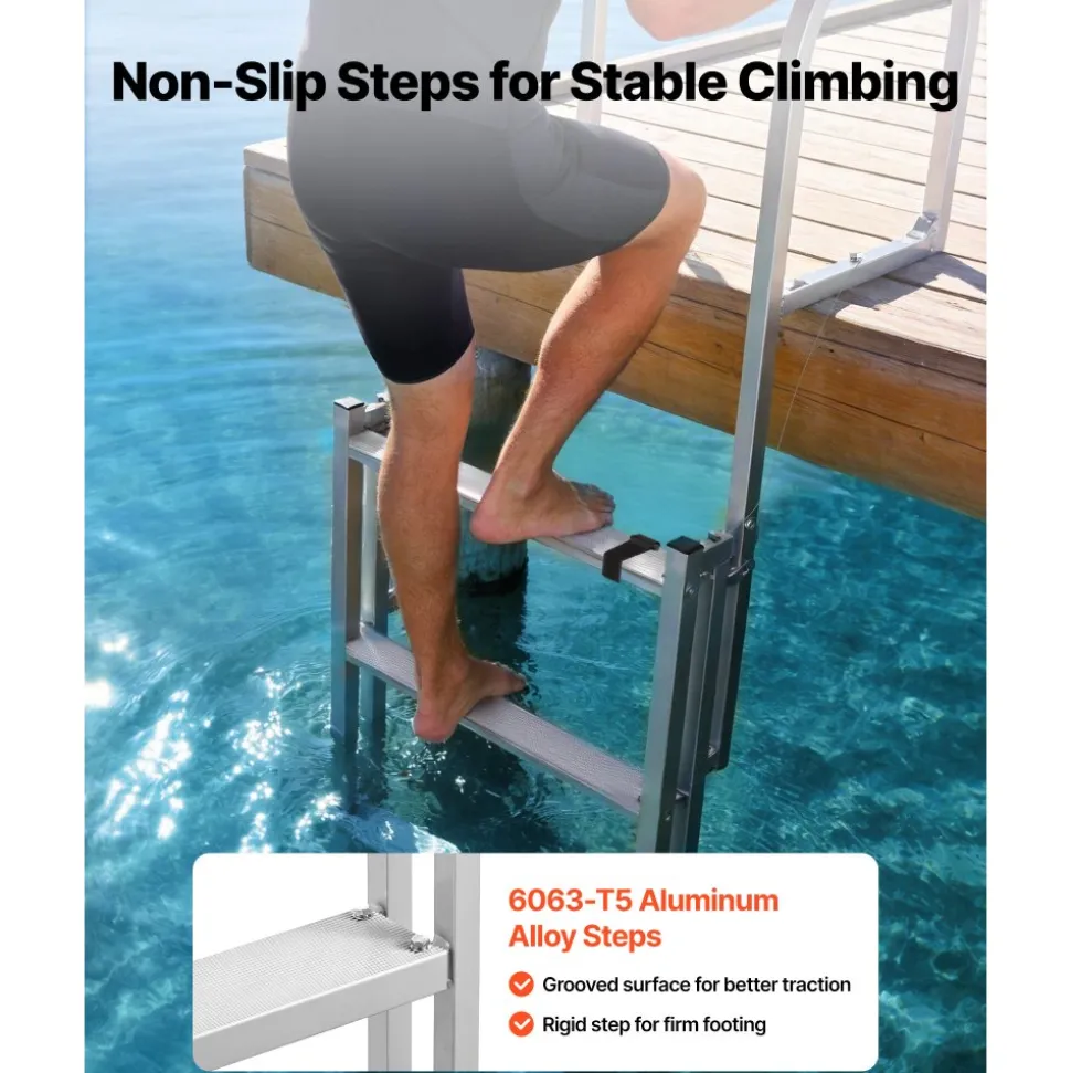 VEVOR Retractable Dock Ladder, 5 Steps, Aluminum Alloy Pontoon Boat Swim Ladder, with Non-Slip Wide Steps, 350 lbs Weight Capacity, Adjustable Height, for Lake Swimming, Pool, Boat, Marine Boarding