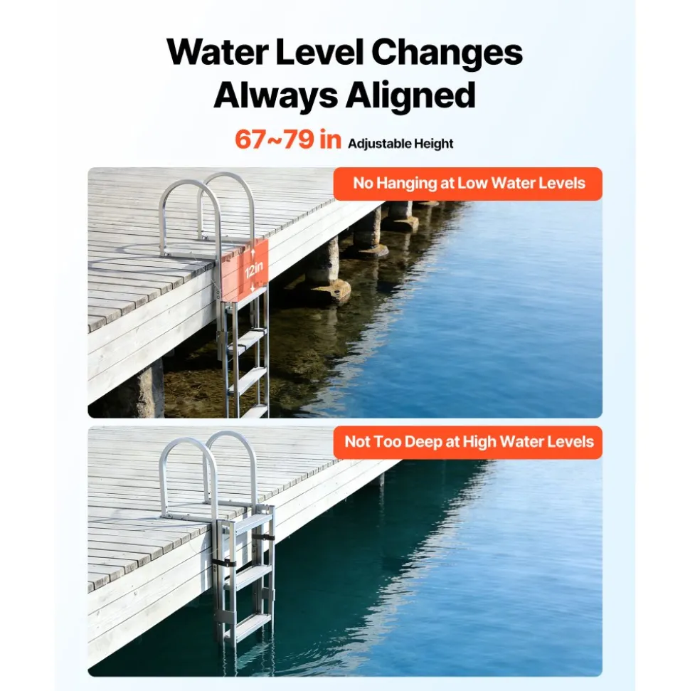 VEVOR Retractable Dock Ladder, 5 Steps, Aluminum Alloy Pontoon Boat Swim Ladder, with Non-Slip Wide Steps, 350 lbs Weight Capacity, Adjustable Height, for Lake Swimming, Pool, Boat, Marine Boarding