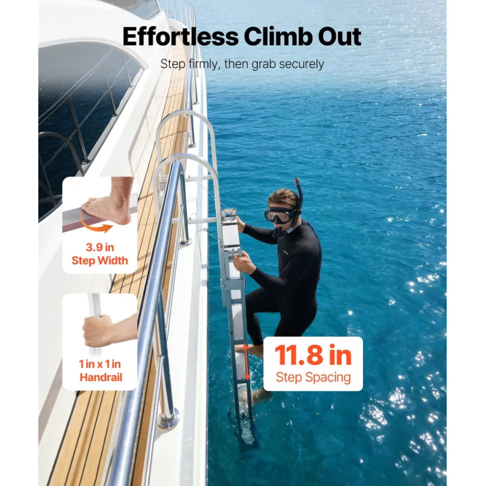 VEVOR Retractable Dock Ladder, 5 Steps, Aluminum Alloy Pontoon Boat Swim Ladder, with Non-Slip Wide Steps, 350 lbs Weight Capacity, Adjustable Height, for Lake Swimming, Pool, Boat, Marine Boarding
