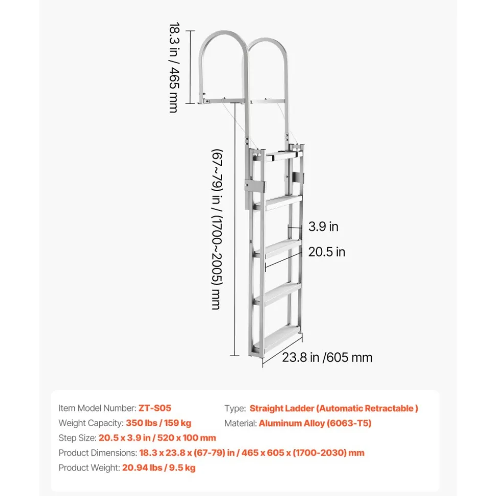 VEVOR Retractable Dock Ladder, 5 Steps, Aluminum Alloy Pontoon Boat Swim Ladder, with Non-Slip Wide Steps, 350 lbs Weight Capacity, Adjustable Height, for Lake Swimming, Pool, Boat, Marine Boarding