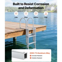 VEVOR Retractable Dock Ladder, 4 Steps, Aluminum Alloy Pontoon Boat Swim Ladder with Auto-Lift Float, Non-Slip Wide Steps, 500 lbs Weight Capacity, Adjustable Height, for Lake Pool Marine Boarding