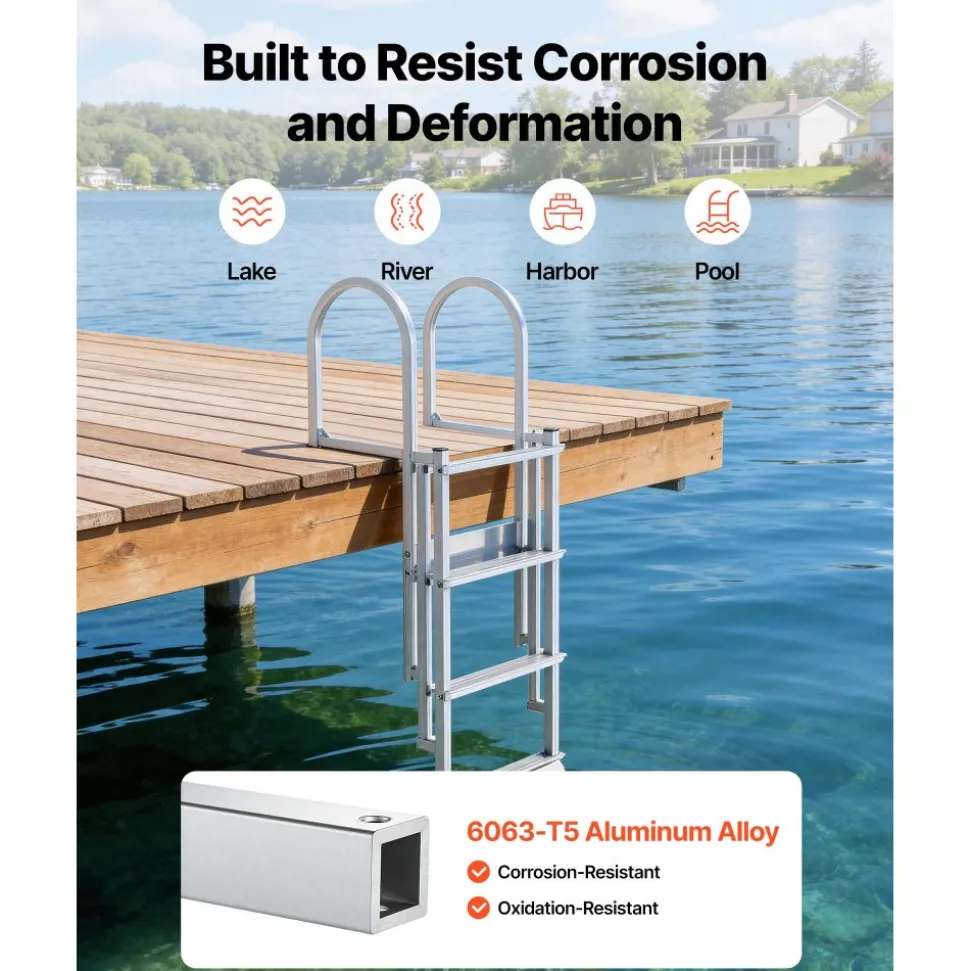 VEVOR Retractable Dock Ladder, 4 Steps, Aluminum Alloy Pontoon Boat Swim Ladder with Auto-Lift Float, Non-Slip Wide Steps, 500 lbs Weight Capacity, Adjustable Height, for Lake Pool Marine Boarding