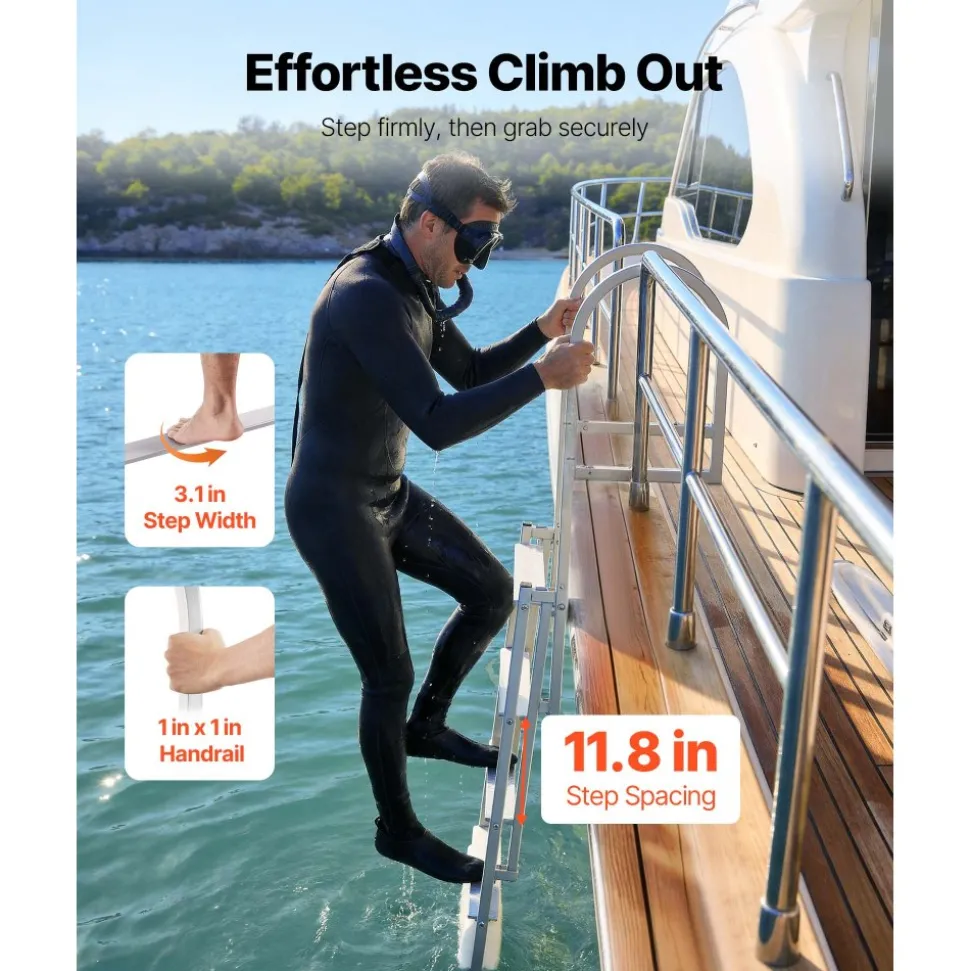 VEVOR Retractable Dock Ladder, 4 Steps, Aluminum Alloy Pontoon Boat Swim Ladder with Auto-Lift Float, Non-Slip Wide Steps, 500 lbs Weight Capacity, Adjustable Height, for Lake Pool Marine Boarding