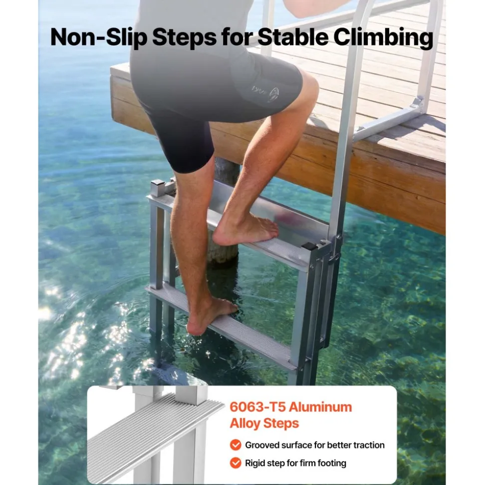 VEVOR Retractable Dock Ladder, 4 Steps, Aluminum Alloy Pontoon Boat Swim Ladder with Auto-Lift Float, Non-Slip Wide Steps, 500 lbs Weight Capacity, Adjustable Height, for Lake Pool Marine Boarding
