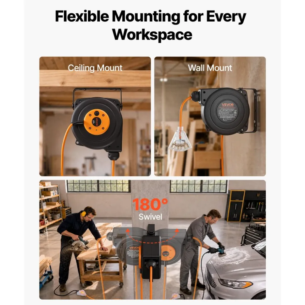 VEVOR Retractable Extension Cord Reel 25FT Heavy Duty 14AWG/3C SJTOW Orange, for Ceiling/Wall Mount, 13A Circuit Breaker, Automatic Retractable Power Cord, Lighted Triple Tap, with 180° Swivel Bracket