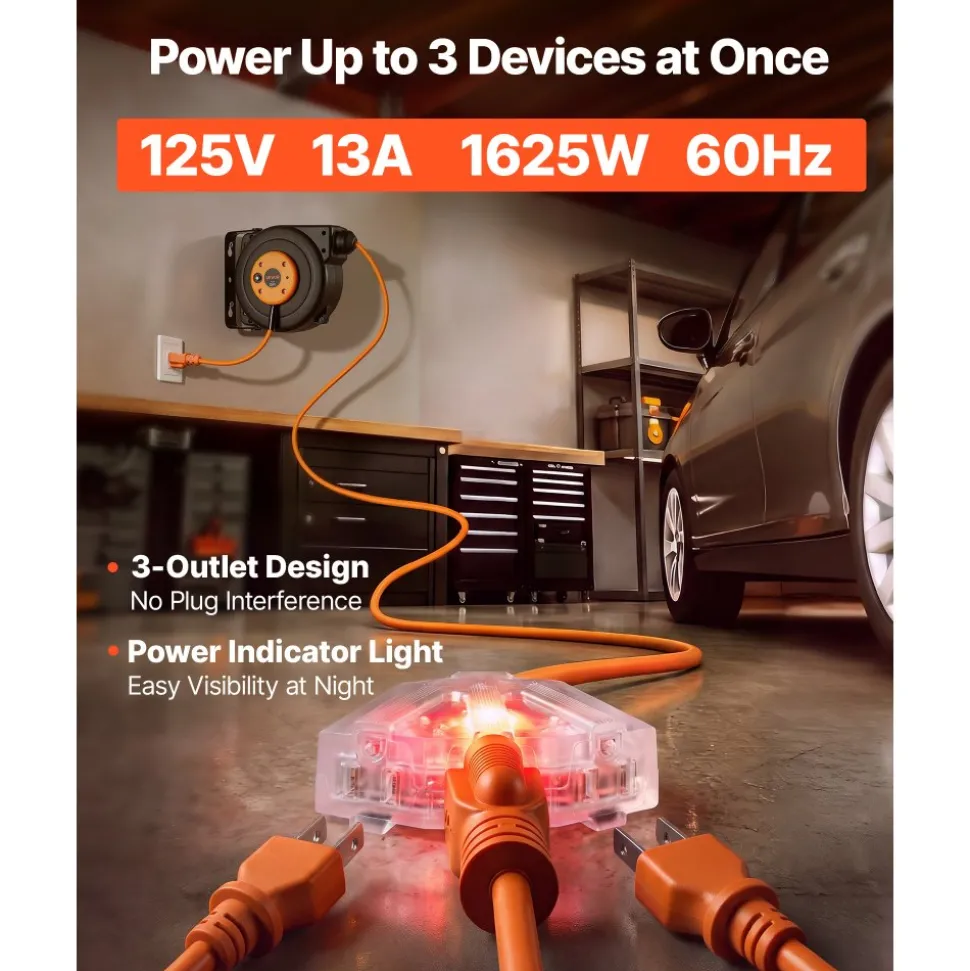 VEVOR Retractable Extension Cord Reel 25FT Heavy Duty 14AWG/3C SJTOW Orange, for Ceiling/Wall Mount, 13A Circuit Breaker, Automatic Retractable Power Cord, Lighted Triple Tap, with 180° Swivel Bracket