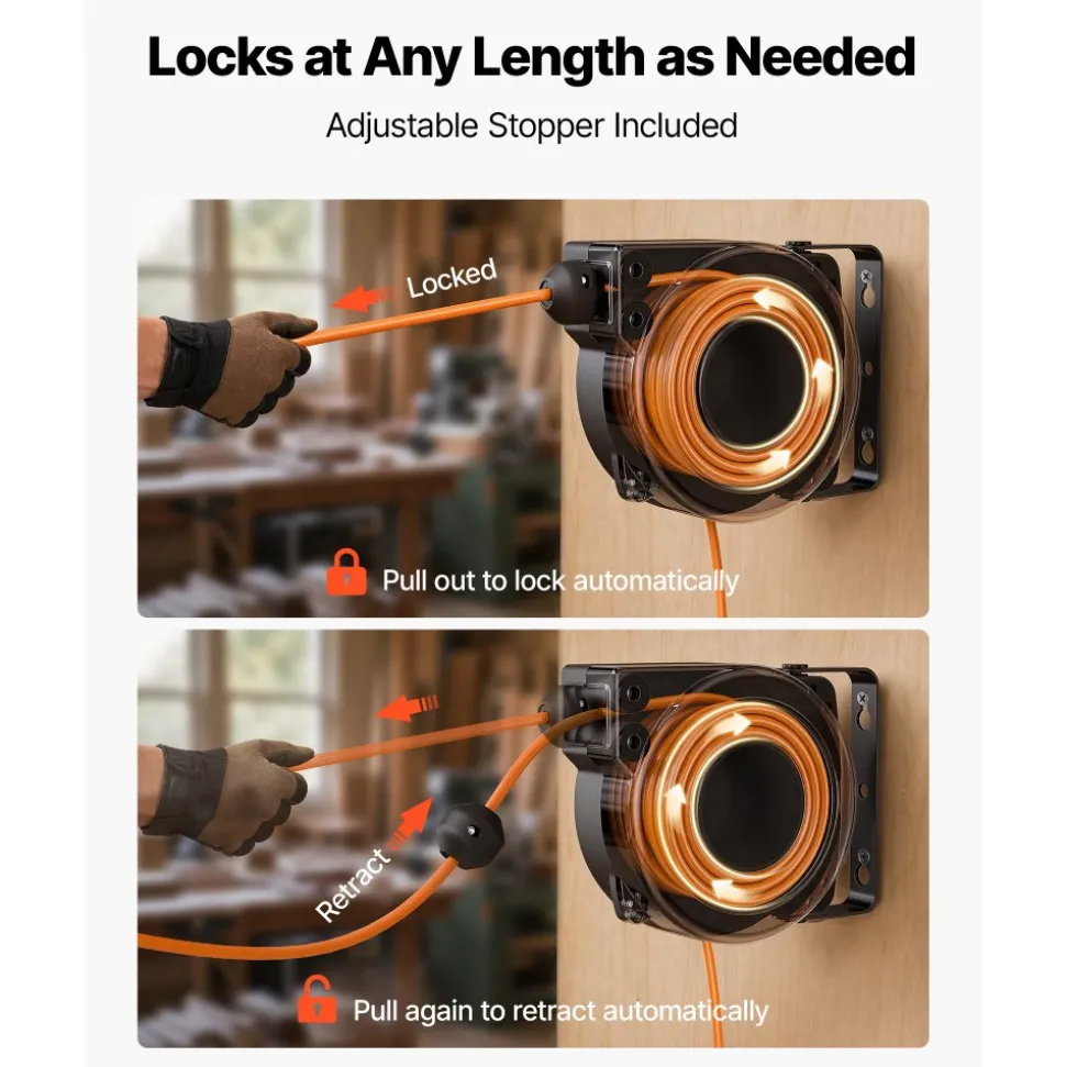 VEVOR Retractable Extension Cord Reel 25FT Heavy Duty 14AWG/3C SJTOW Orange, for Ceiling/Wall Mount, 13A Circuit Breaker, Automatic Retractable Power Cord, Lighted Triple Tap, with 180° Swivel Bracket