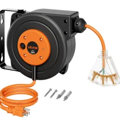 VEVOR Retractable Extension Cord Reel 25FT Heavy Duty 14AWG/3C SJTOW Orange, for Ceiling/Wall Mount, 13A Circuit Breaker, Automatic Retractable Power Cord, Lighted Triple Tap, with 180° Swivel Bracket