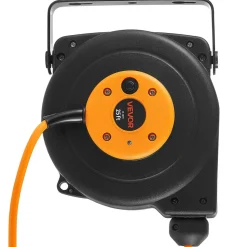 VEVOR Retractable Extension Cord Reel 25FT Heavy Duty 14AWG/3C SJTOW Orange, for Ceiling/Wall Mount, 13A Circuit Breaker, Automatic Retractable Power Cord, Lighted Triple Tap, with 180° Swivel Bracket